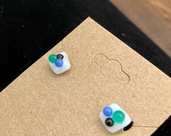Raised dot fused glass earrings | black aqua blue