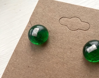 Clear green & silver earrings | fused glass