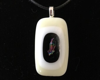Fused glass pendant | white, ivory, gleaming black dichroic glass