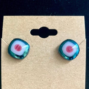 Iridescent peacock blue earrings | fused glass