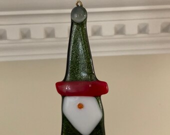 Glittery green gnome ornament | fused glass