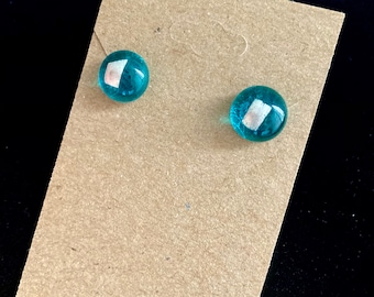 Clear turquoise & silver earrings | fused glass