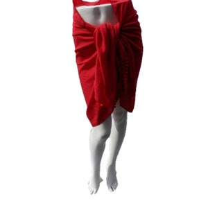Red Handmade Women&#39;s Scarf Sarong Beach Cover-up With Pom Pom Tassel.
