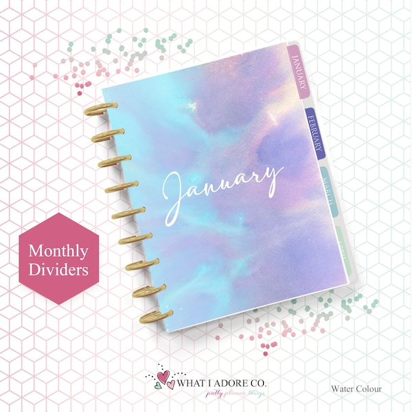 Classic Happy Planner Dividers Printable | Monthly Watercolour tabbed dashboards | Monthly Planner Dividers for Classic HP