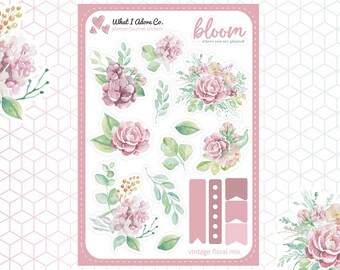 Deco Floral Planner Stickers, Rose Flower Journaling Stickers, Pretty pink flower stickers, pink aesthetic