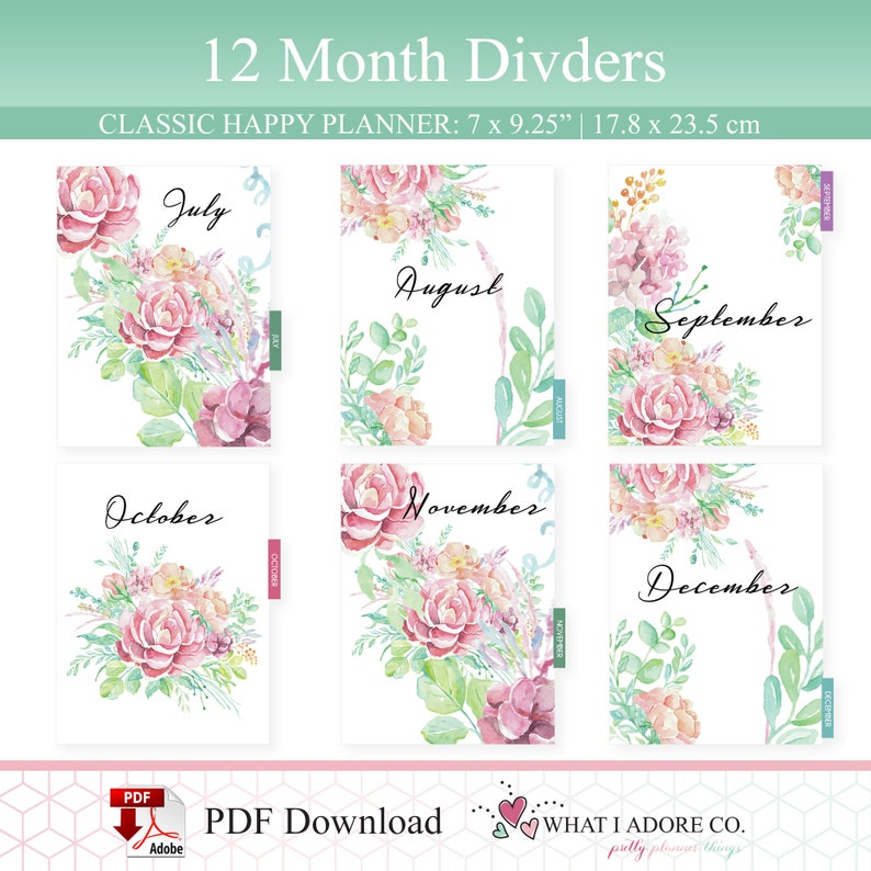 HAPPY PLANNER DIVIDERS Printable Double Sided Vintage Floral Planner 12 month tabs Planner Monthly Divider Printable Monthly dashboard image 6