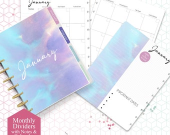 HAPPY PLANNER DIVIDERS with Undated Calendar and Notes Printable | Double Sided watercolour 12 month tabs | Monthly Dividers Printable