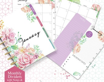 HAPPY PLANNER DIVIDERS with Undated Calendar and Notes Printable | Double Sided Vintage Floral 12 month tabs | Monthly Dividers Printable