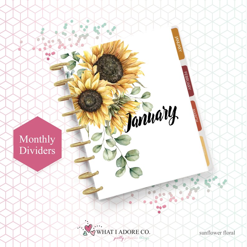 HAPPY PLANNER DIVIDERS Printable Double Sided Sunflower Fall Planner 12 month tabs Planner Monthly Divider Printable Monthly dashboard image 2