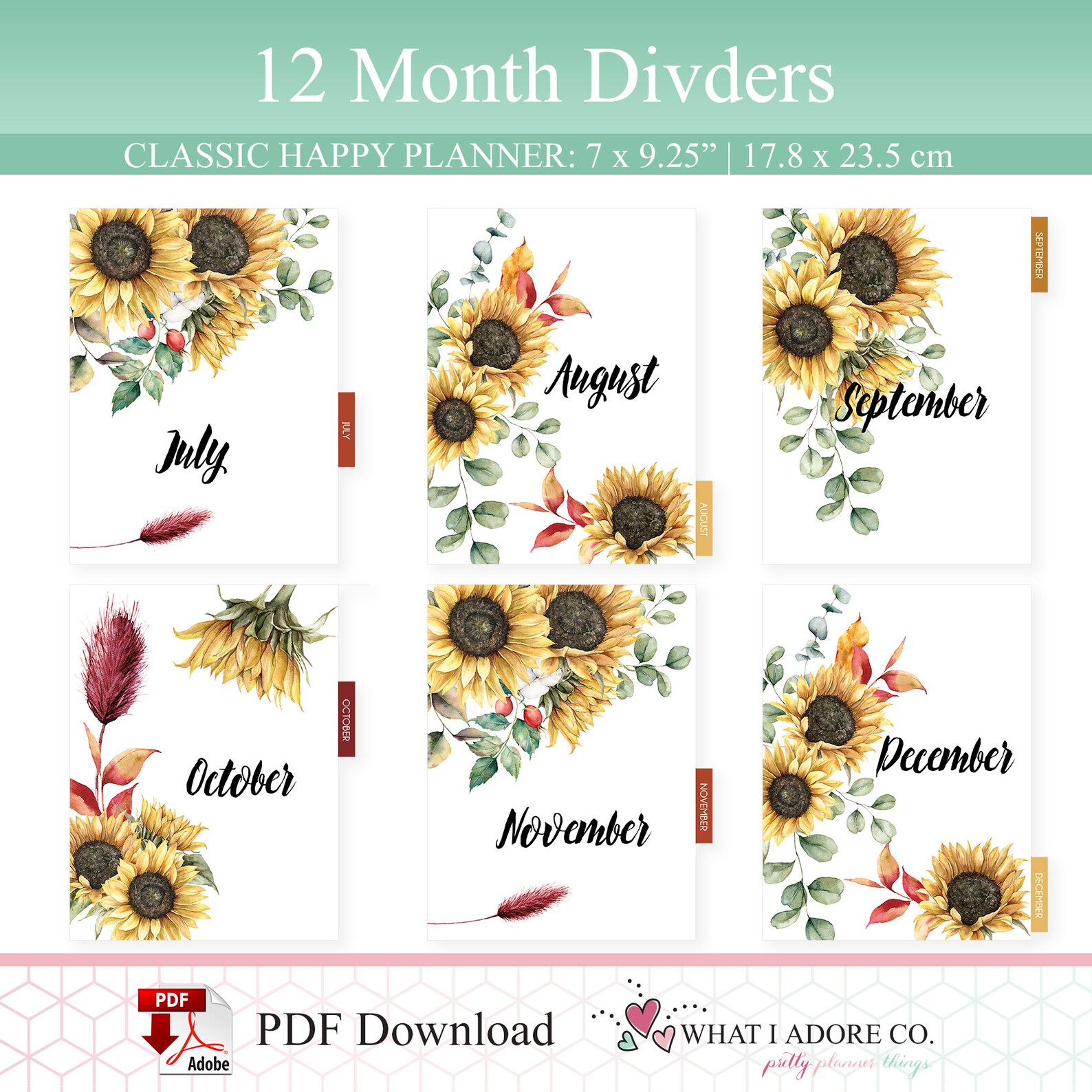 HAPPY PLANNER DIVIDERS Printable Double Sided Sunflower Fall Planner 12 Month Tabs Planner ...