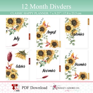 HAPPY PLANNER DIVIDERS Printable Double Sided Sunflower Fall Planner 12 month tabs Planner Monthly Divider Printable Monthly dashboard image 6