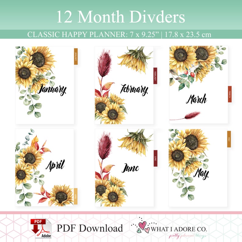 HAPPY PLANNER DIVIDERS Printable Double Sided Sunflower Fall Planner 12 month tabs Planner Monthly Divider Printable Monthly dashboard image 5