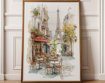 French Cafe Watercolor, Paris Cityscape Watercolor Art Print, French Kitchen Prints, French Wall Art, Travel Sketch, French Art Prints