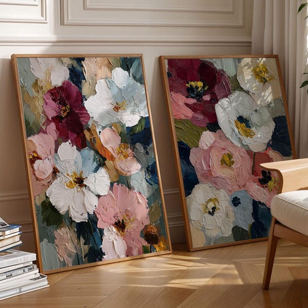 Moody Floral Diptych Print Set, Abstract Flower Garden Poster, Burgundy Pink Wall Art, Statement Floral Set of 2, Living Room Decor Gift