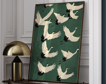 Flying Cranes Japandi Style Print Green White Bird poster Elegant Gallery Wall Art Vintage Japanese Style Artwork, Flying Cranes Print