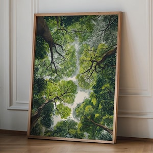 Puede incluir: Una impresión de arte mural rectangular enmarcada que presenta una perspectiva de ángulo bajo de un dosel forestal denso. La imagen muestra troncos de árboles de color marrón oscuro que se elevan hacia un follaje verde vibrante.