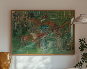 May include: A mid-century modern living room with a wooden credenza, a beige armchair, and a large painting depicting a horse race. A gold geometric vase sits on the credenza. A floor lamp and a rug complete the scene.