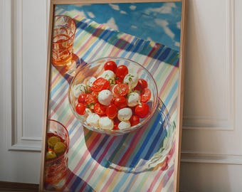 Mediterranean Kitchen Wall Art Print, Food Still Life Poster, Colorful Dining Room Artwork, Greek Salad Illustration, Rustic Wall Decor