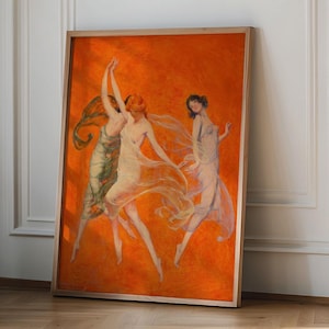 Tryck av de tre musernas dans, vintage art déco-affisch med dansare, orange klassisk väggkonst, konstdekor från 1920-talet, Warren Davis-gåva