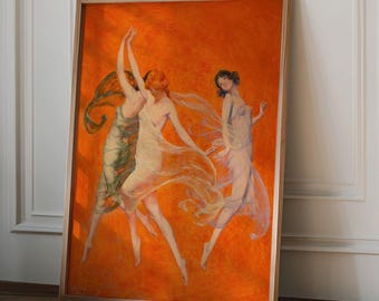Lámina Danza de las Tres Musas, Póster Art Déco Vintage de Bailarinas, Cuadro Clásico Naranja para Pared, Decoración de Bellas Artes de los años 20, Regalo de Warren Davis