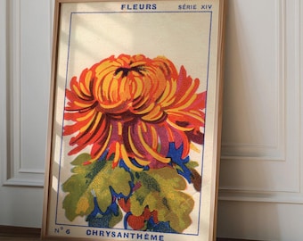 Vintage Chrysanthemums Poster print, Fleurs Art Deco, Colorful Wall Art, Spring Flower Print, Flowers Wall Art, Neutral Botanical Print