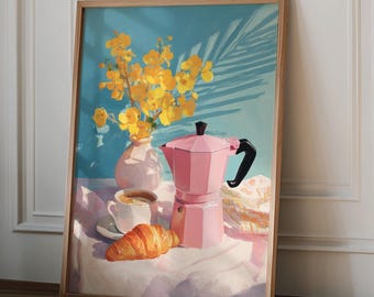 French Café Breakfast Art Print, Coffee and Croissant Kitchen Wall Art, Vintage Espresso Poster, Sunny Morning Room Decor, Coffee Wall Art