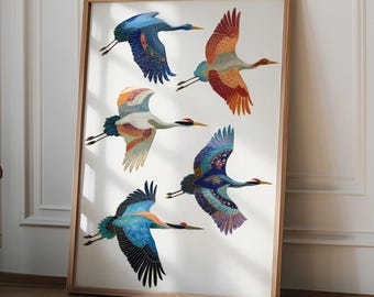 Colorful Birds in Flight Art Print, Mid Century Modern Wall Art, Surreal Bird Wall Art Print, Colorful Curtain Illustration