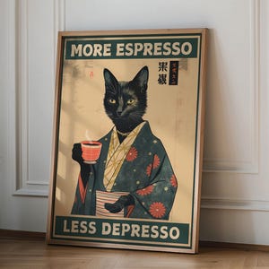 Más espresso, menos depresso, impresión de cocina moderna, impresiones de café, impresión retro, póster de gato japonés, regalo para amantes de los gatos, decoración de pared con animales