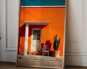 Mexican Wall Art Print, cactus and chair poster, orange minimal architecture artwork, desert boho home decor for living room, Cactus Poster