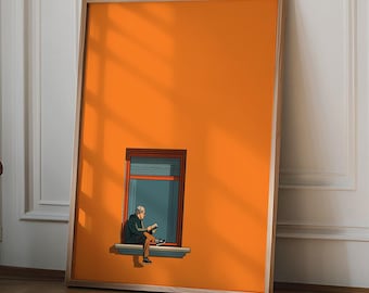 Arte minimalista naranja para pared, pintura decorativa estética para el hogar, estampado cálido y soleado, póster para amantes de los libros, decoración que estimula la dopamina