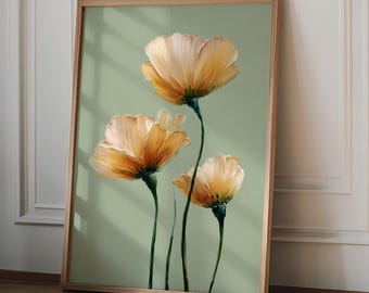 Peach Poppy Floral Print, Three Golden Flowers Sage Green Wall Art, Oil Painting Style Botanical Poster, Minimalist Bedroom Decor Gift