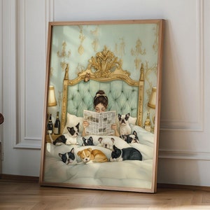 Elegant Dog Lover Art Print, Woman Reading with French Bulldogs, Fine Art Print, Whimsical Art, Giclée, Giclee Print, Dog Art print