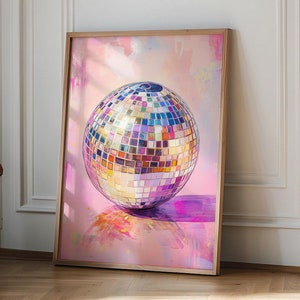 Art mural boule disco dessiné à la main pour la décoration intérieure, affiche boule disco rose, art mural rétro tendance esthétique, impression disco, déco dopamine de l'an 2000