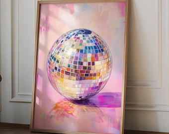 Arte de pared con bola de discoteca dibujada a mano para decoración del hogar, póster de bola de discoteca rosa, arte de pared retro estético de moda, impresión de discoteca, decoración de dopamina Y2K