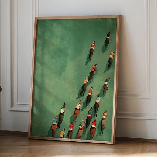 Vintage Horse Racing Wall Art, Modern Equestrian Home Decor, Colorful Jockeys Oil Pastel Eclectic Minimalist print, Horse Racing poster