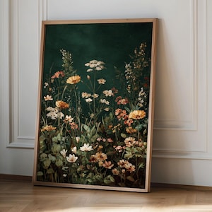 Plakat z obrazem „Ciemnozielone kwiaty polne”, akwarelowy wydruk z wiosennymi kwiatami, sztuka ścienna z kwiatami, wydruk krajobrazowy, neutralny wydruk botaniczny w stylu vintage