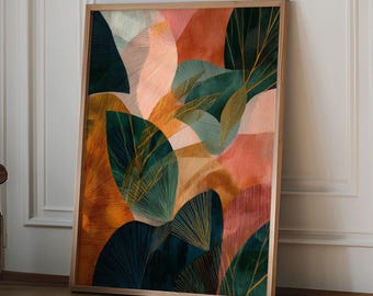Estampado botánico tropical abstracto, arte mural de hojas de estilo moderno de mediados de siglo, póster decorativo maximalista en tonos verde azulado y coral, arte selvático colorido, regalo bohemio