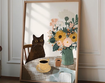 Black Cat Kitchen Print, Abstract Coffee Wall Art, Funny Diner Decor, Modern Animal Sketch, Breakfast Poster Animal Wall Decor, Coffee print