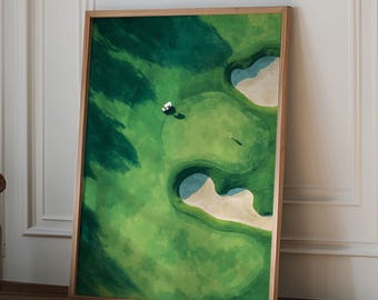 Tiny Golfer and Cart Golf Print, Minimalist Abstract Wall Poster, Tiny Golfers Decor, Gift for Golf Lovers, Golf Sand Trap Art Print