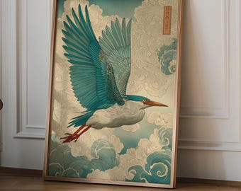 Japanese style bird in Swirling Cloud Skies, Woodblock Poster, Crane Japandi Style Print, Vintage Japanese Style Artwork, Flying bird Print