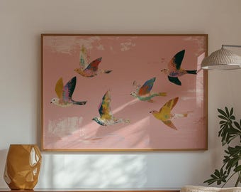 Pink Birds flies Art Print, Abstract Painting, Girl Apartment Decor, Pink Wall Art, Girly Office Painting, , Minimalist wall art home decor