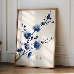 Blue Japanese Floral Art Print, Vintage Japanese Decor, Abstract Art, Graphical Asian Gift, Japanese art print, Japanese VIntage Wall Art