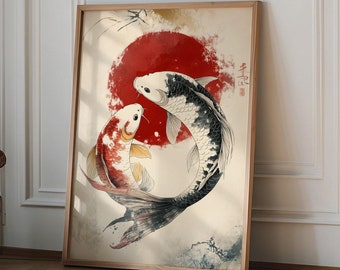 Red and Black Koi Print, Japanese wall art Print, Vintage Print, Trendy Wall Art, Aesthetic Wall Art, Japanese Koi Fish Print, Gift Idea