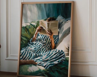 Minimalist Emerald Green Reading Woman print, Bedroom Wall Decor, Female Abstract Print, Book Lover print, Watercolor Painting Art