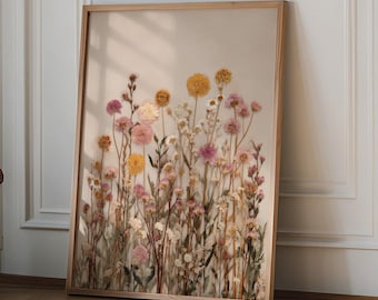 Wildflower Botanical Print, Cottagecore Floral Wall Art, Pressed Flower Poster, Pink Mauve Garden Decor, Vintage Nature Print, Boho Gift