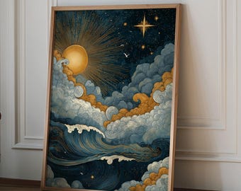 Sun and Waves Wall Art Print, Cosmic Dawn Sun and Stars Wall Art Print, Boho Celestial Decor, Abstract Art Print, Japandi Minimalist