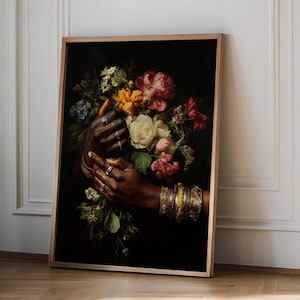 Hand with flowers, Black Wall Art, Romantic Couple Print, Afrocentric Botanical Decor, African American Art, Dark Floral Romantic Poster