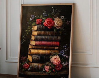 Dark academia wall art decor, vintage books artwork, old books wall art, cottagecore decor, moody wall art, floral wall art, Book lover gift