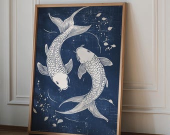 Blue Koi Print, Japanese wall art Print, Vintage Print, Trendy Wall Art, Aesthetic Wall Art, Koi Fish Print, Japanese Print, Gift Idea