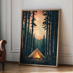 Vintage Lagerfeuer Wald Wand Kunst Natur Poster Retro Stil Kunstwerk, rustikale Lagerfeuer Ölgemälde, Baum Druck, Camping Thema Wandkunst